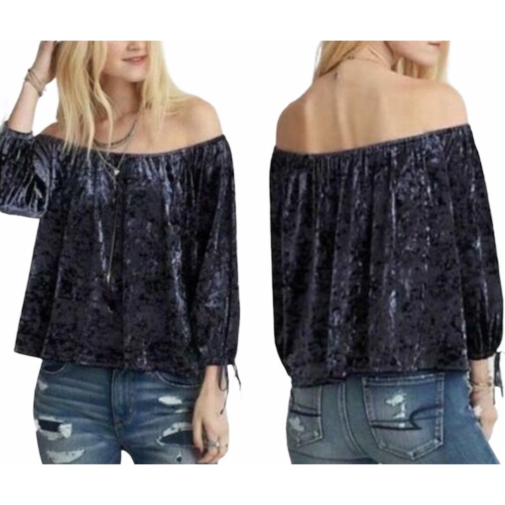 American Eagle‎ Velvet Top XL Navy Blue Off Shoulder Boho Gothcore Whimsigoth